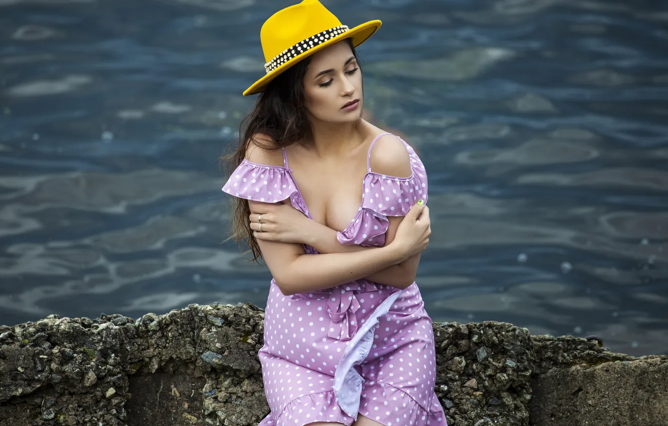 Photo wallpaper water, girl, stones, hat, dress, brunette, shoulders, Yuri Yegorov