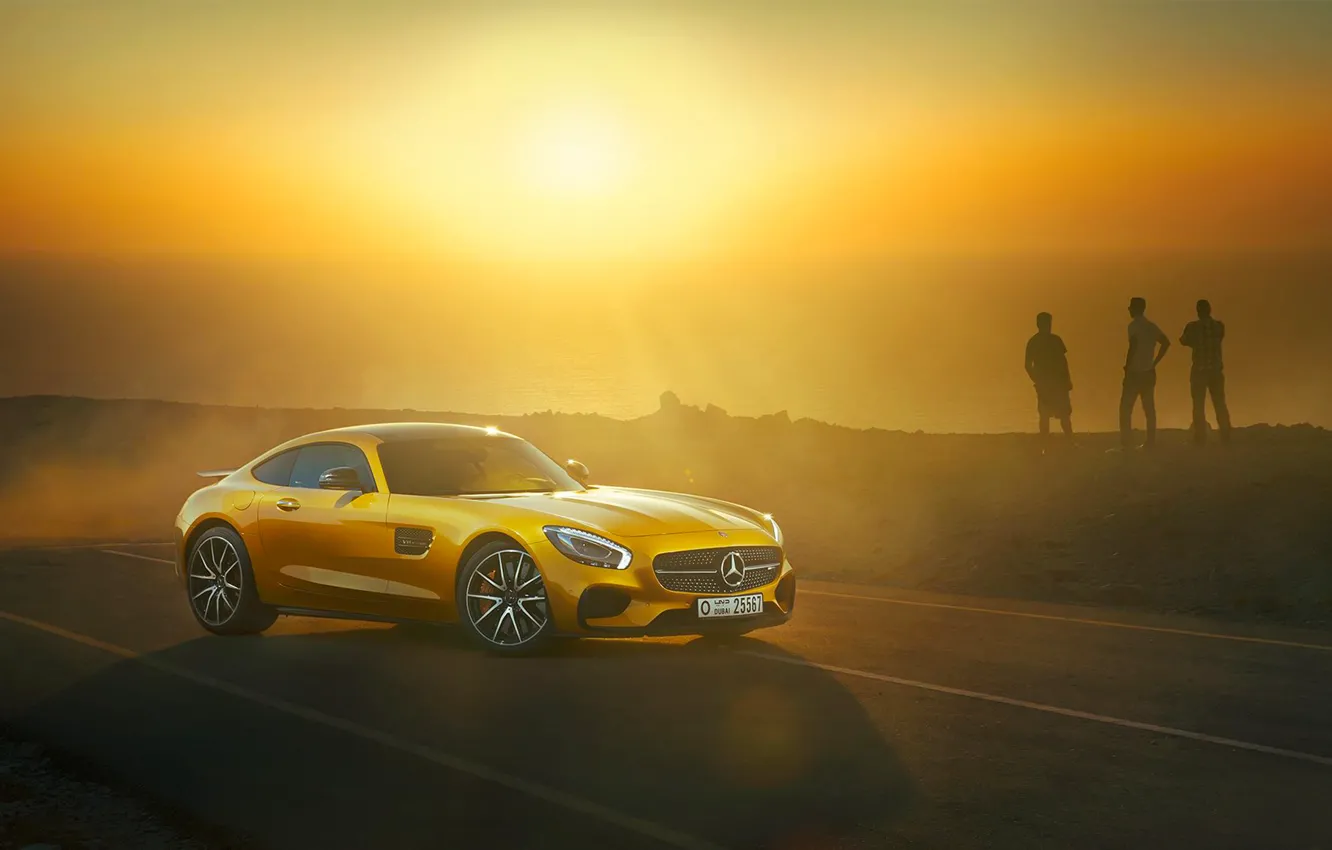 Photo wallpaper Mercedes-Benz, Front, AMG, Sun, Day, Yellow, Road, Sea