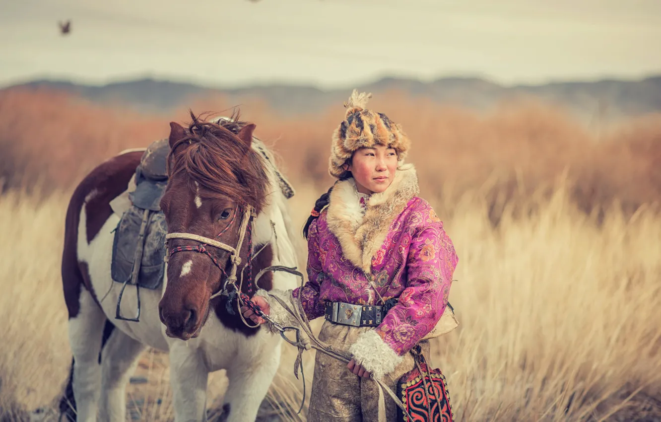 Photo wallpaper girl, the steppe, horse, Mongolia
