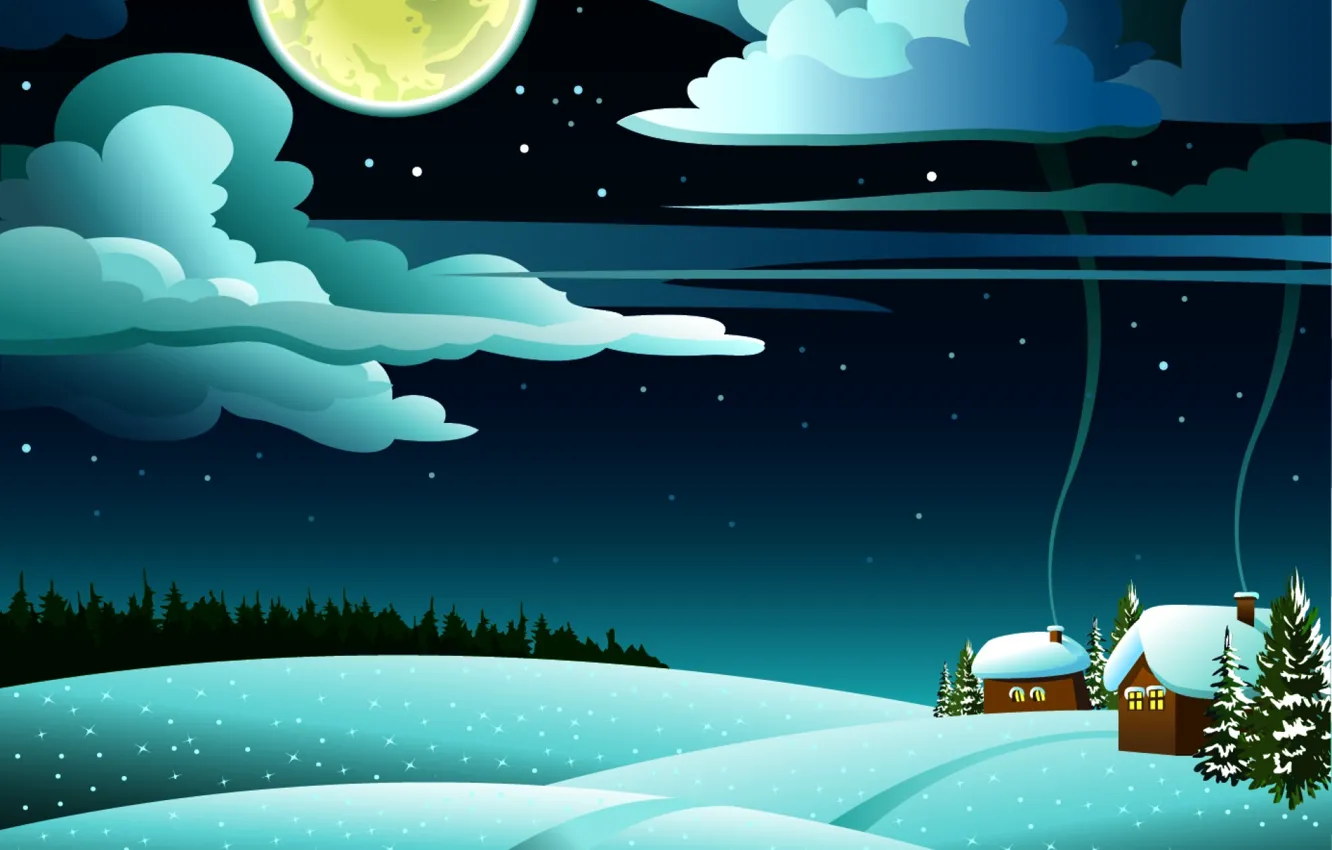 Photo wallpaper forest, clouds, snow, landscape, hills, houses, the full moon, tree