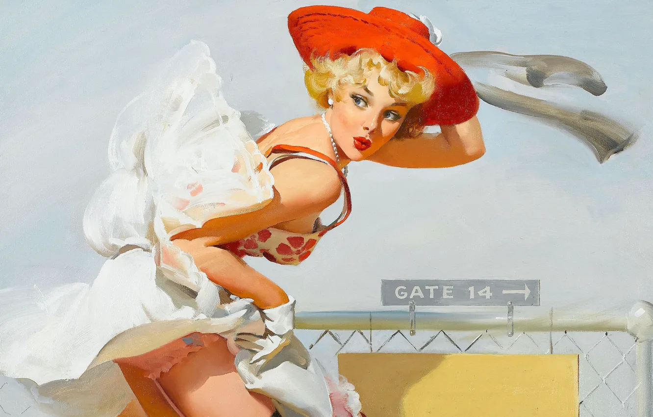 Photo wallpaper girl, retro, the wind, figure, skirt, hat, Pin-up