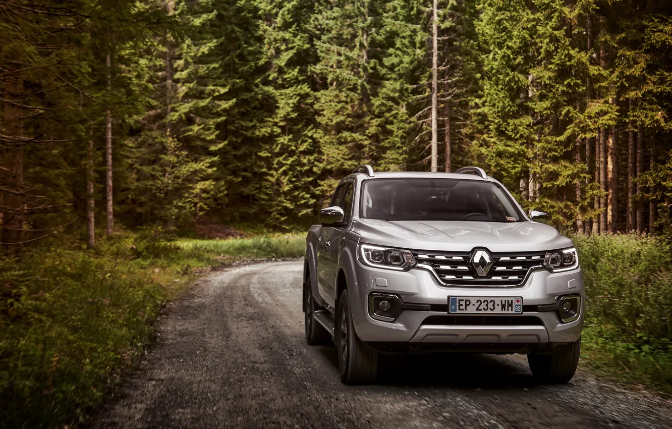 Photo wallpaper forest, grass, trees, vegetation, Renault, pickup, 4x4, 2017