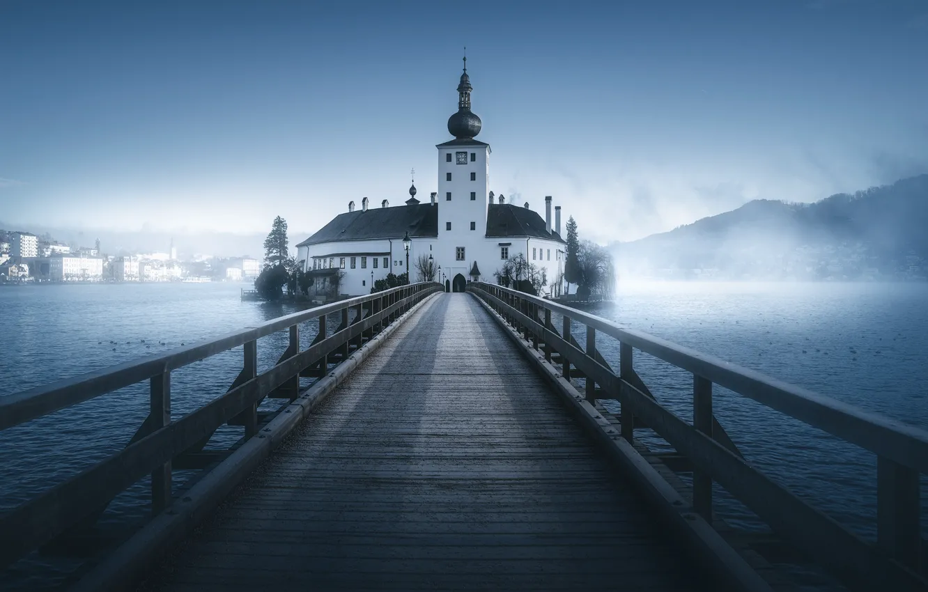 Photo wallpaper landscape, bridge, fog, lake, morning, Austria, Church