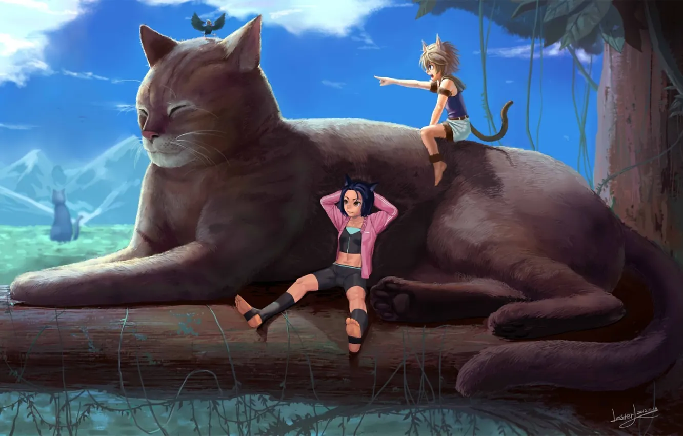 Photo wallpaper forest, cat, cat, children, glade, art, tail, ears