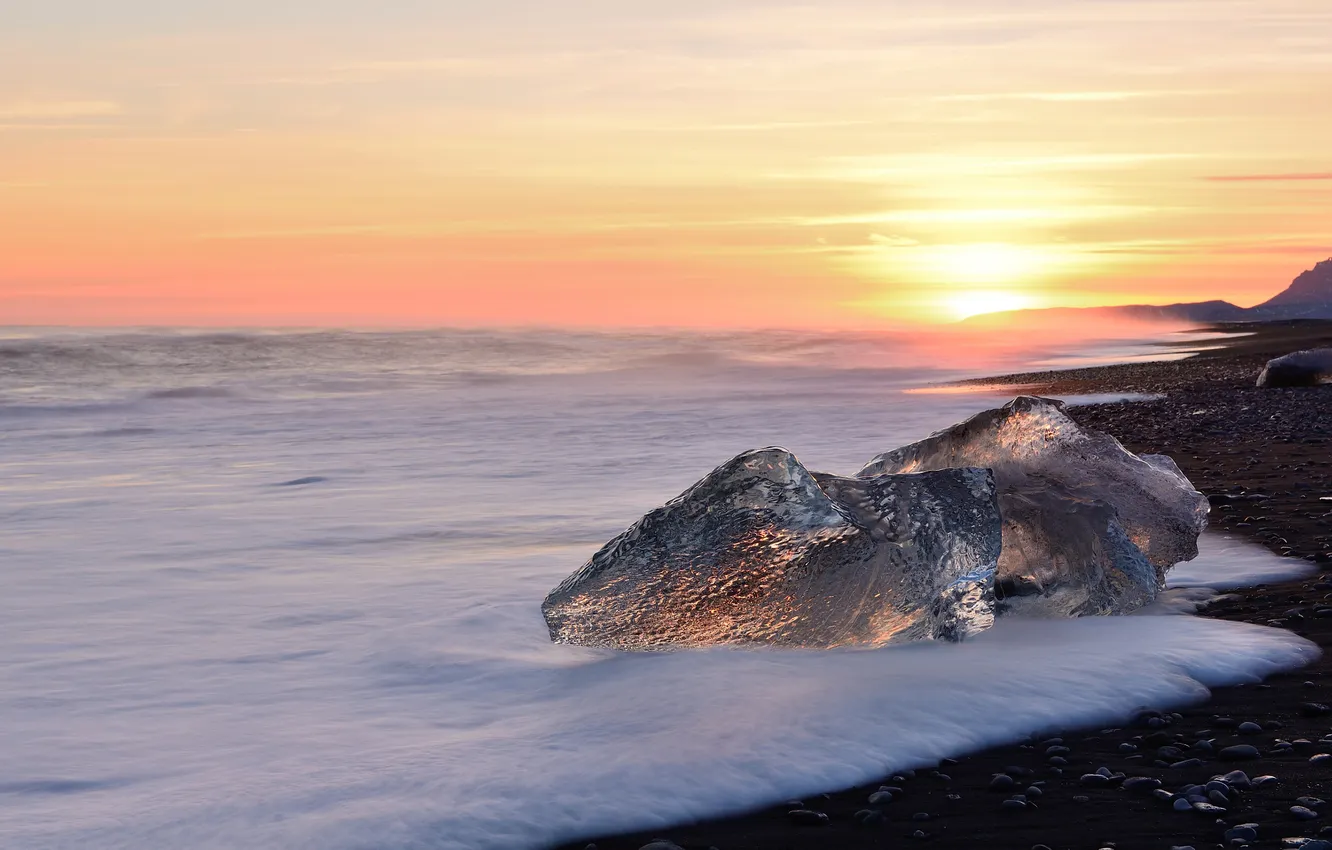 Photo wallpaper ice, sea, beach, the sun, the evening, Iceland