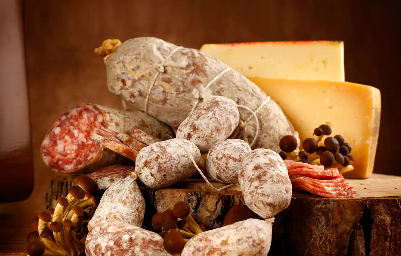Photo wallpaper mushrooms, cheese, sausage