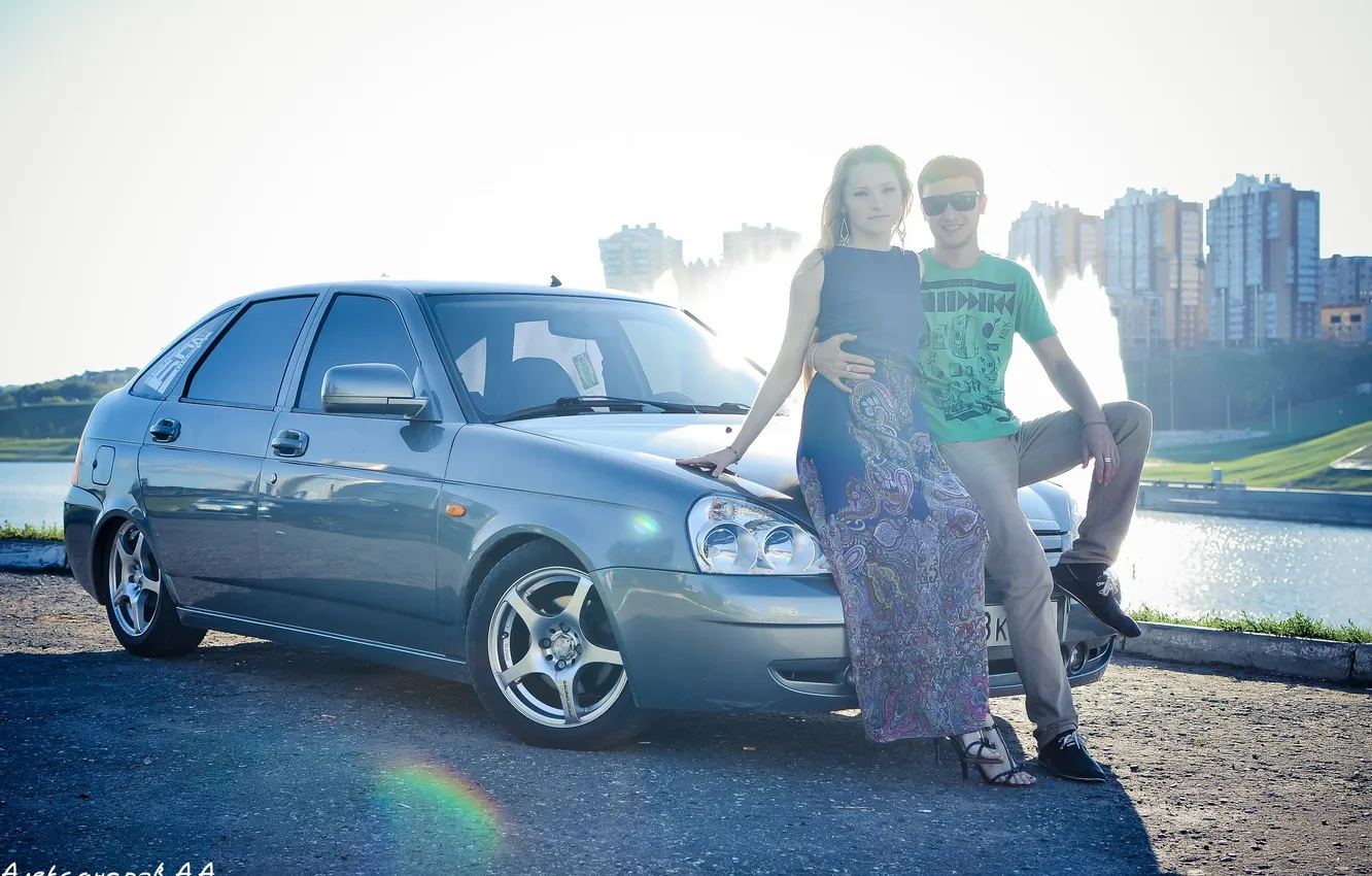 Photo wallpaper machine, auto, summer, girl, the sun, guy, Lada, auto