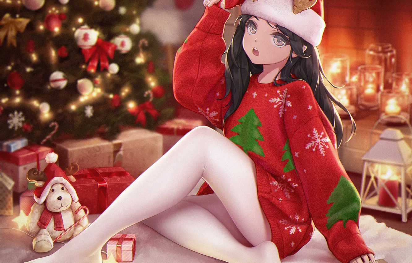 Photo wallpaper lights, girl, sitting on the floor, Santa hat, Christmas tree, red sweater, white pantyhose, Antler
