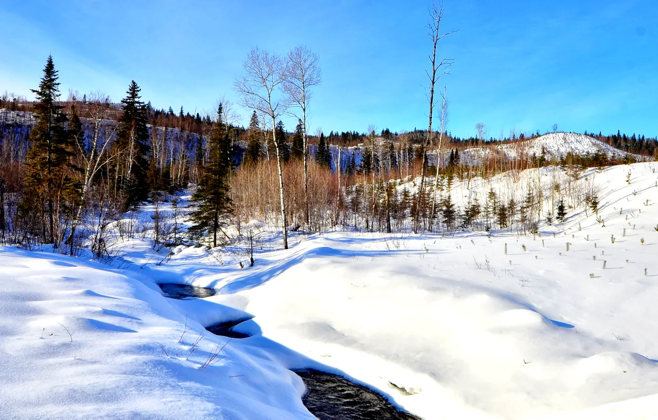 Photo wallpaper Canada, nature, blue, water, winter, snow, stream