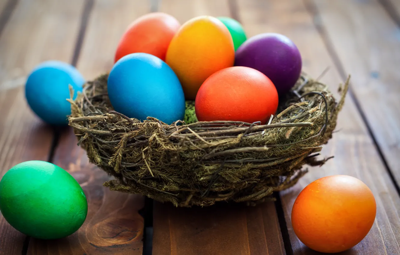 Photo wallpaper basket, colorful, Easter, wood, spring, Easter, eggs, decoration
