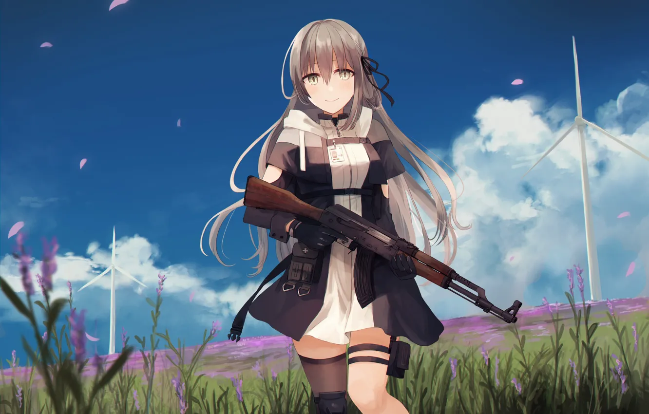 Photo wallpaper The sky, Girl, Field, Weapons