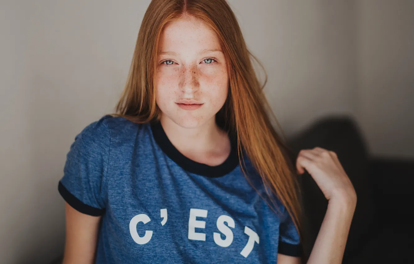 Photo wallpaper girl, portrait, freckles, red