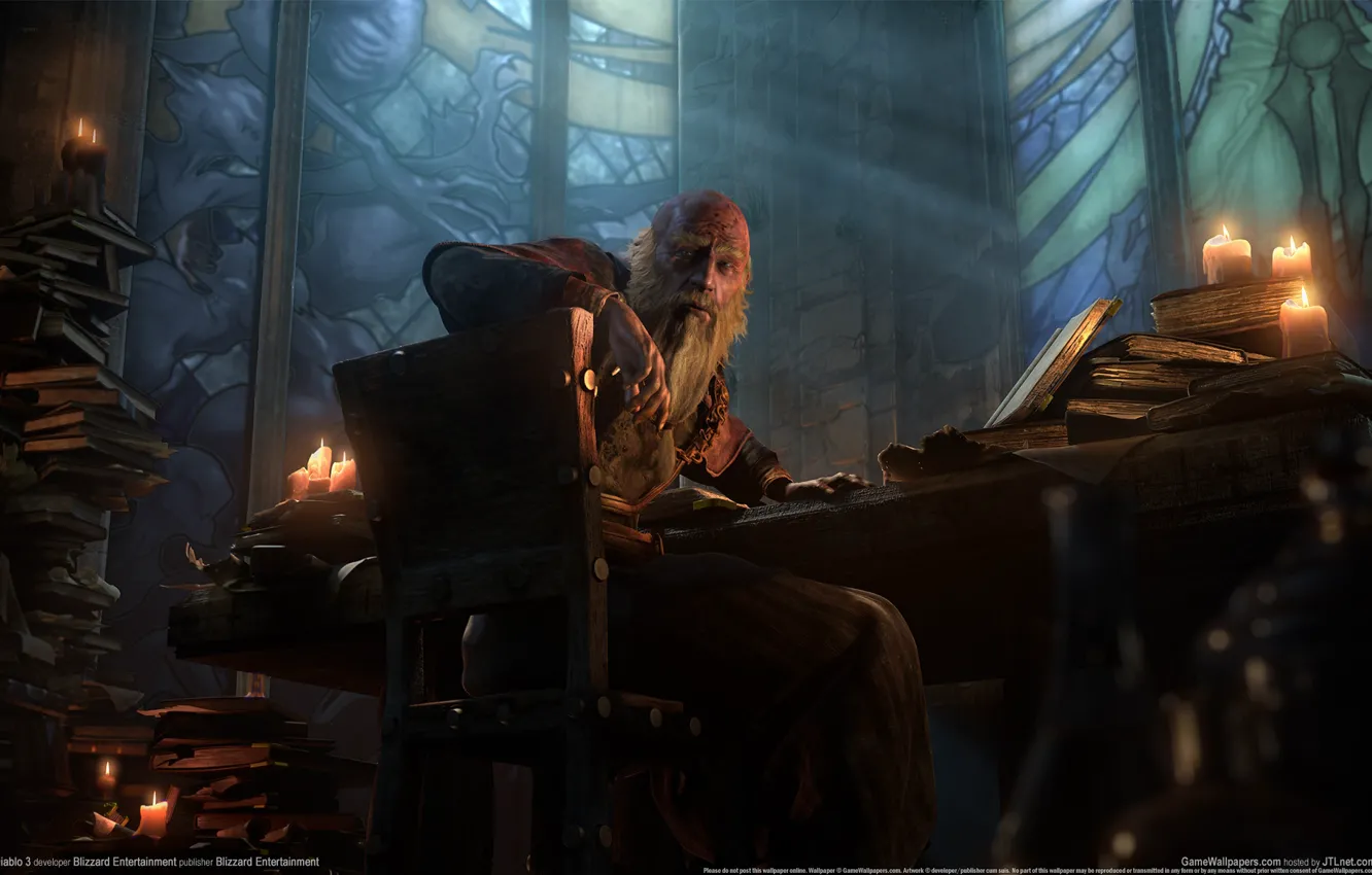 Photo wallpaper look, books, candles, grandfather, the old man, GameWallpapers, Diablo 3, Deckard Cain