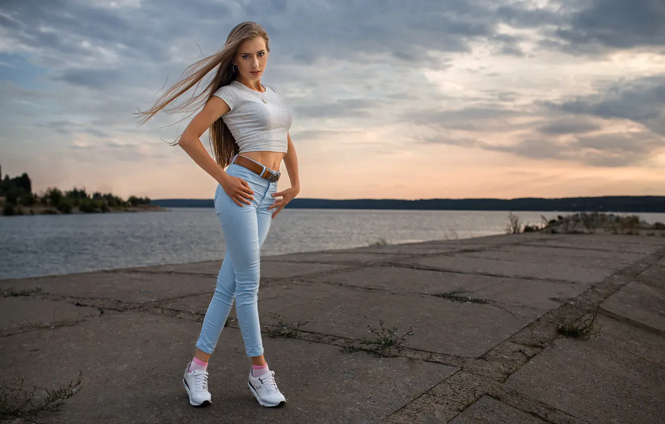 Photo wallpaper the sky, look, clouds, landscape, sunset, sexy, pose, river