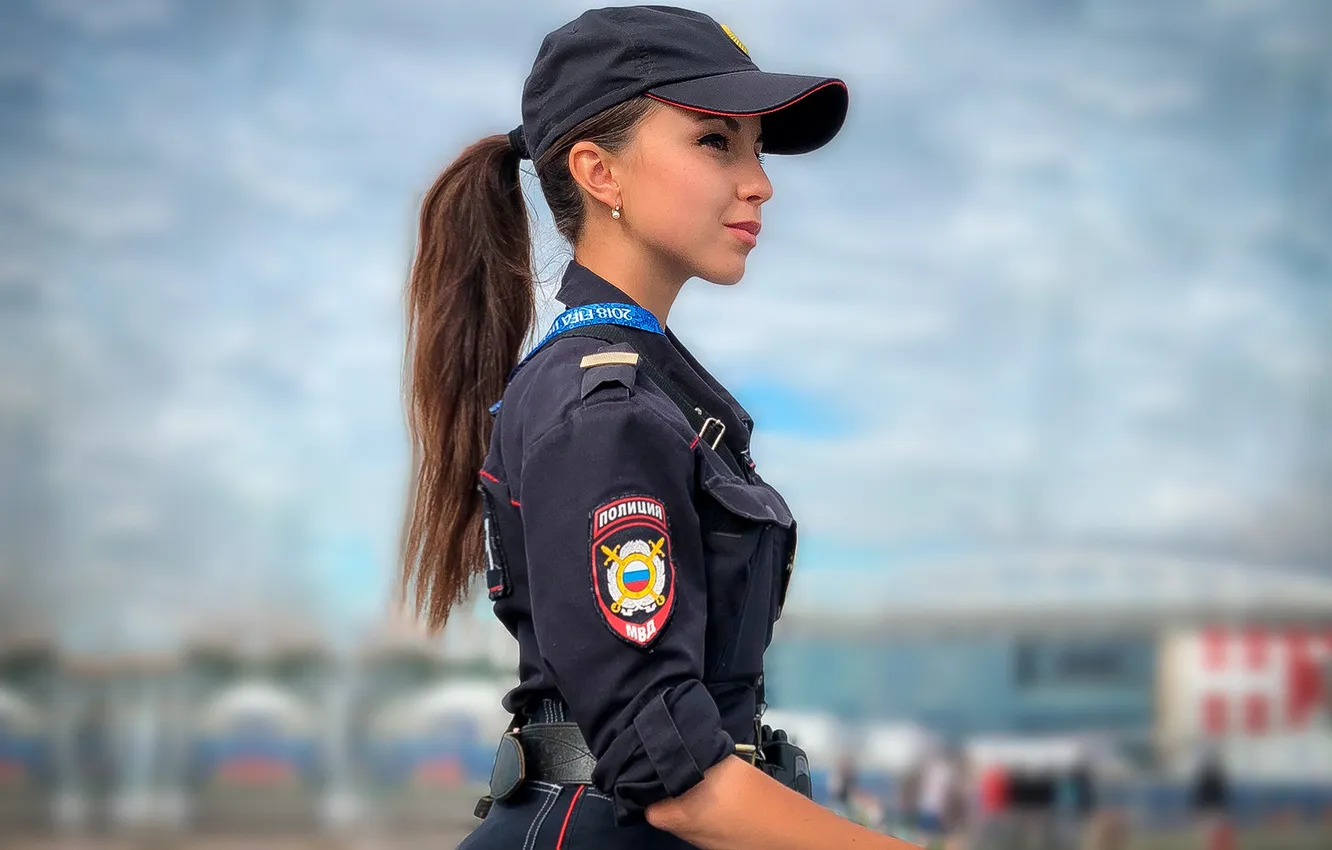 Photo wallpaper girl, beautiful, Cap, Policeman