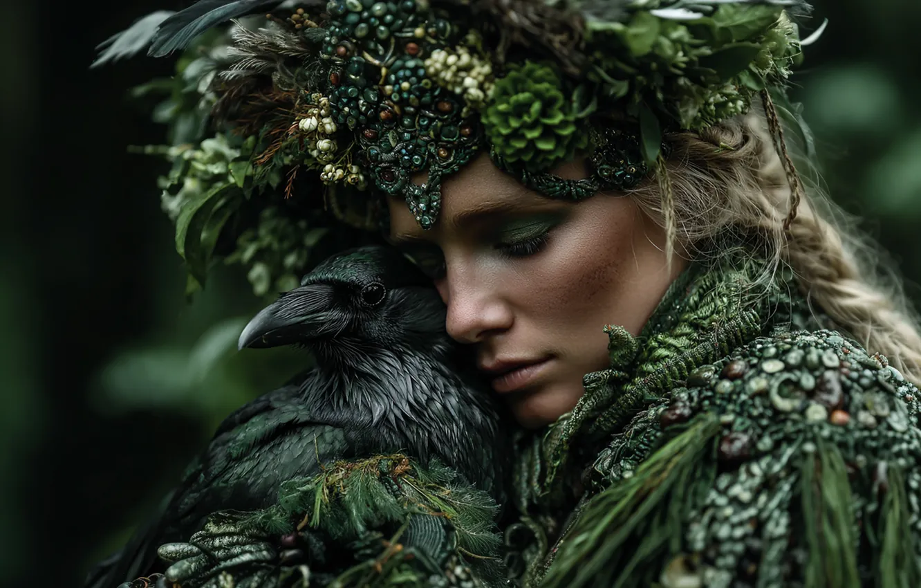 Photo wallpaper girl, fantasy, Raven, forest nymph, AI art, neural network