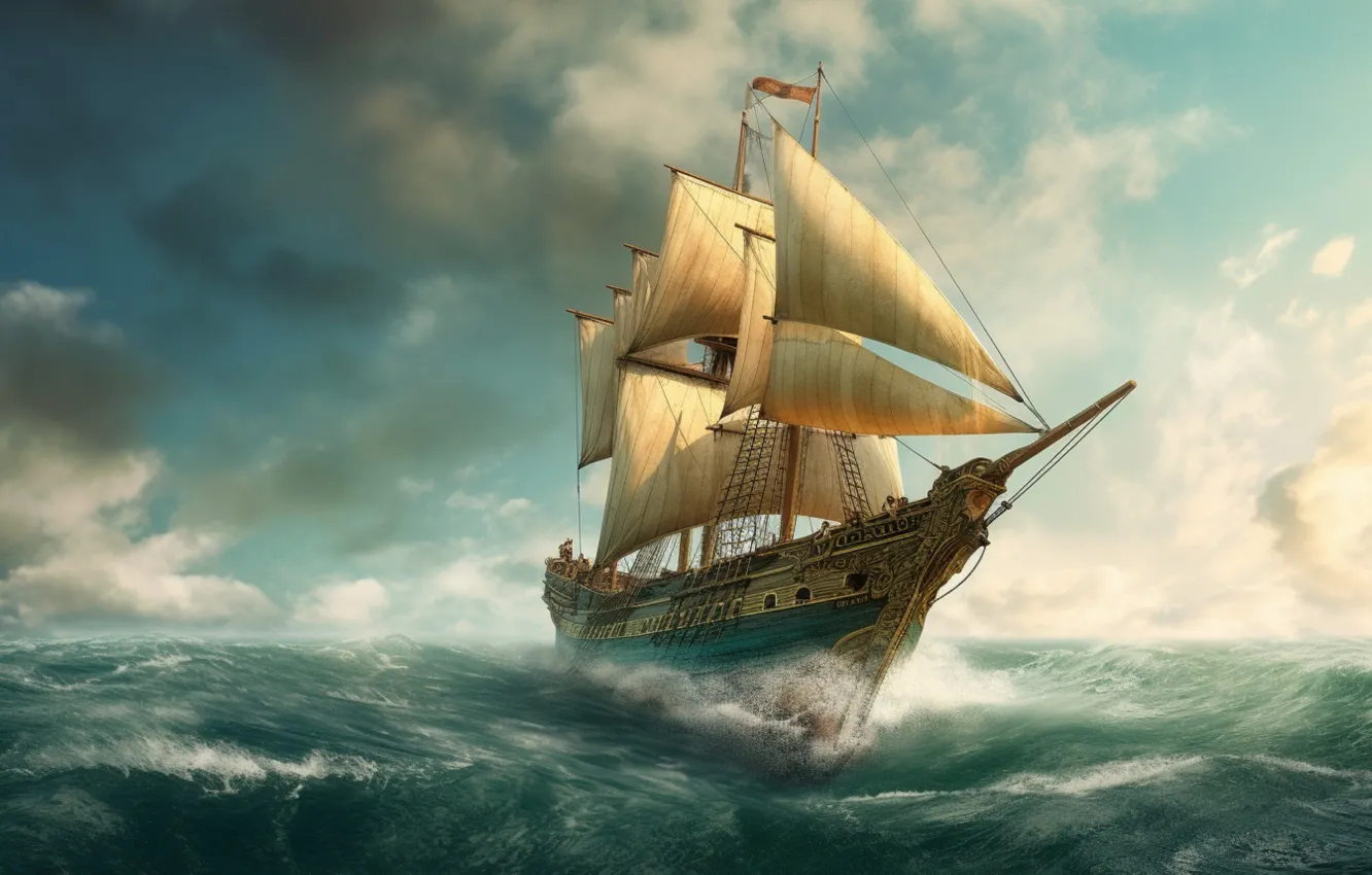 Photo wallpaper sea, wave, the sky, clouds, ship, sailboat, sail, The ship