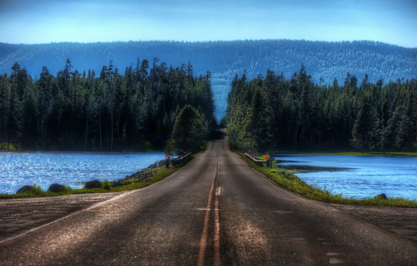 Photo wallpaper road, forest, lake, crossing, blur