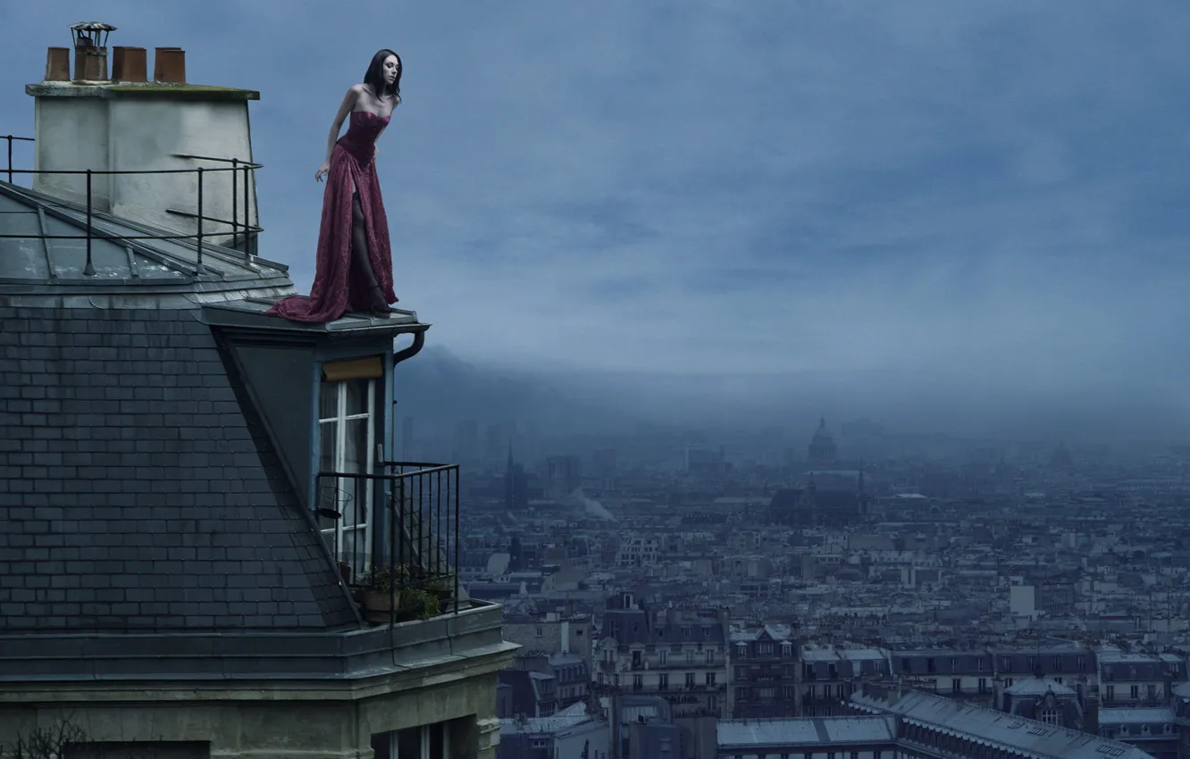 Photo wallpaper roof, girl, the city, high, The Roofs Of Paris