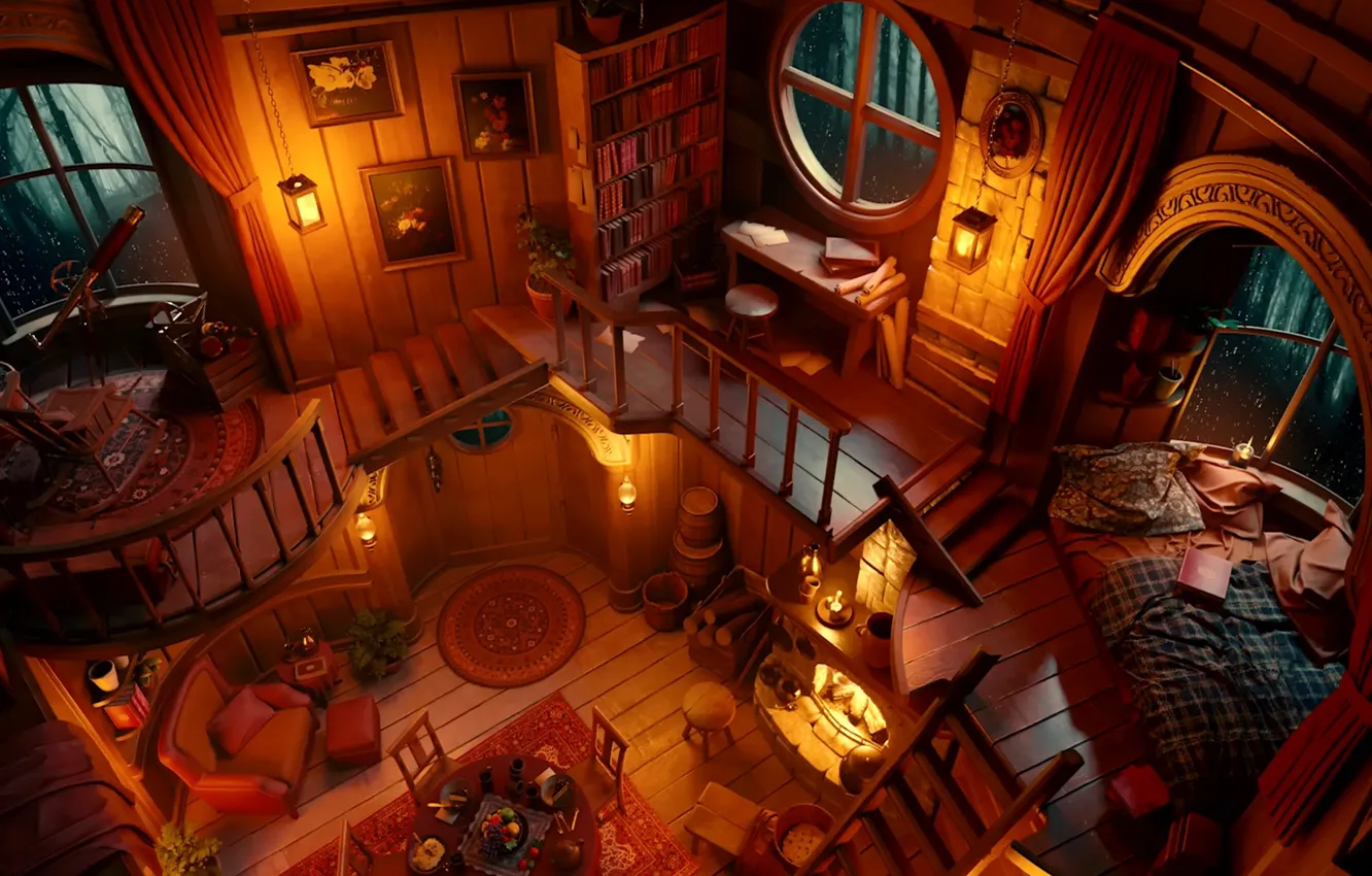 Photo wallpaper lights, fire, house, wood, books