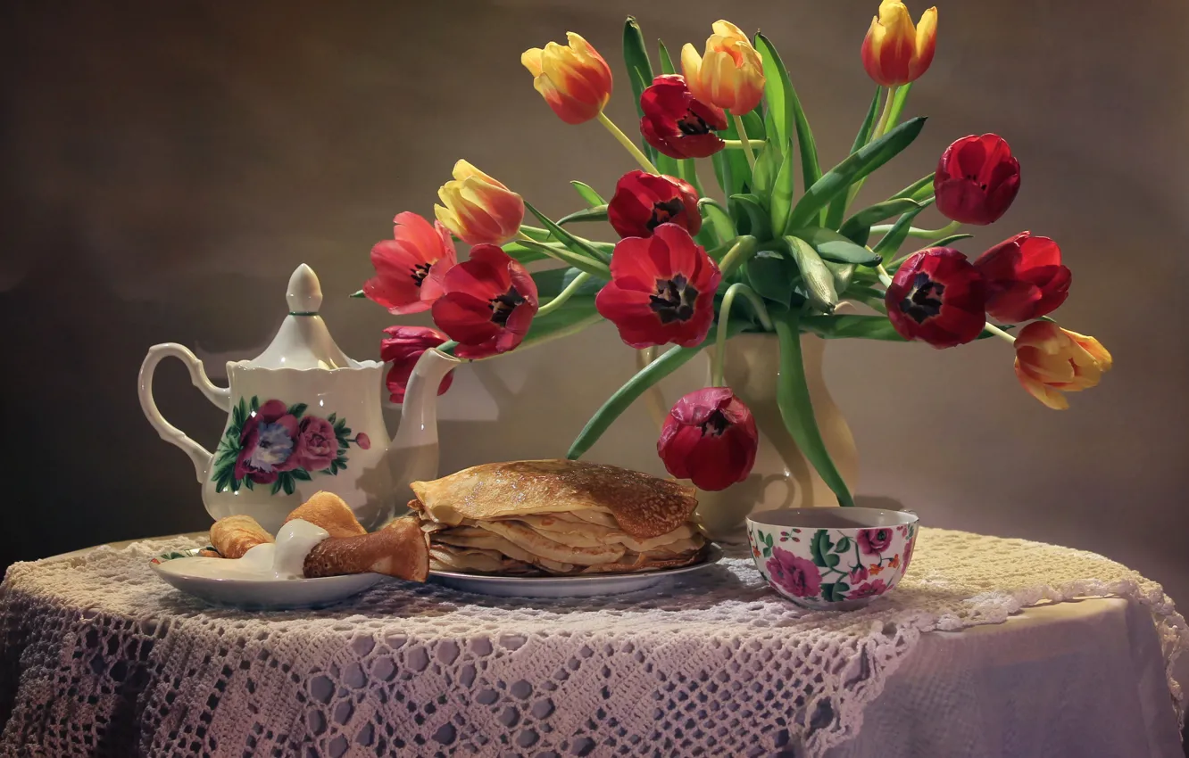 Photo wallpaper flowers, table, background, tea, bouquet, kettle, plate, Cup