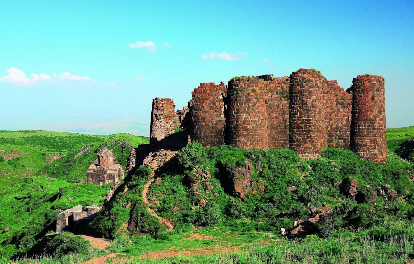 Photo wallpaper the sky, grass, mountains, Church, the ruins, Armenia