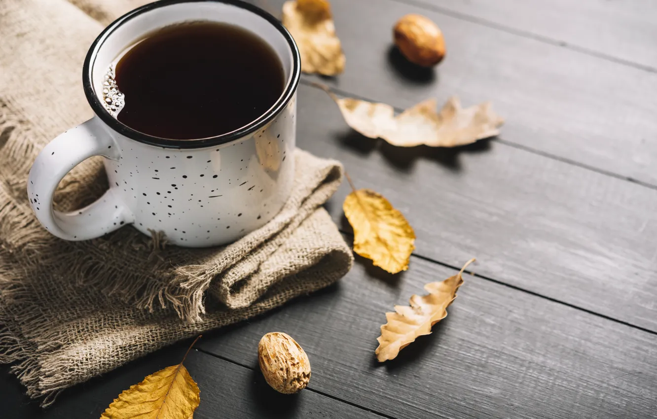 Photo wallpaper autumn, leaves, background, tree, coffee, colorful, mug, Cup