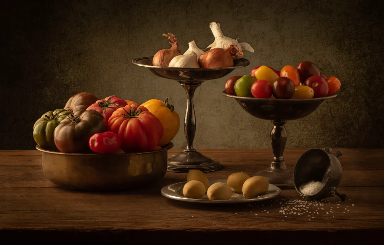 Photo wallpaper metal, the dark background, table, harvest, bow, dishes, still life, vegetables