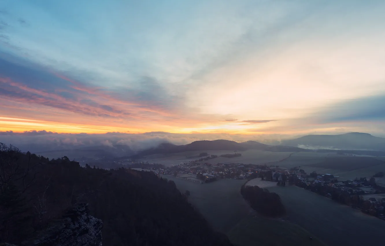 Photo wallpaper field, forest, the sky, grass, clouds, trees, sunset, rocks