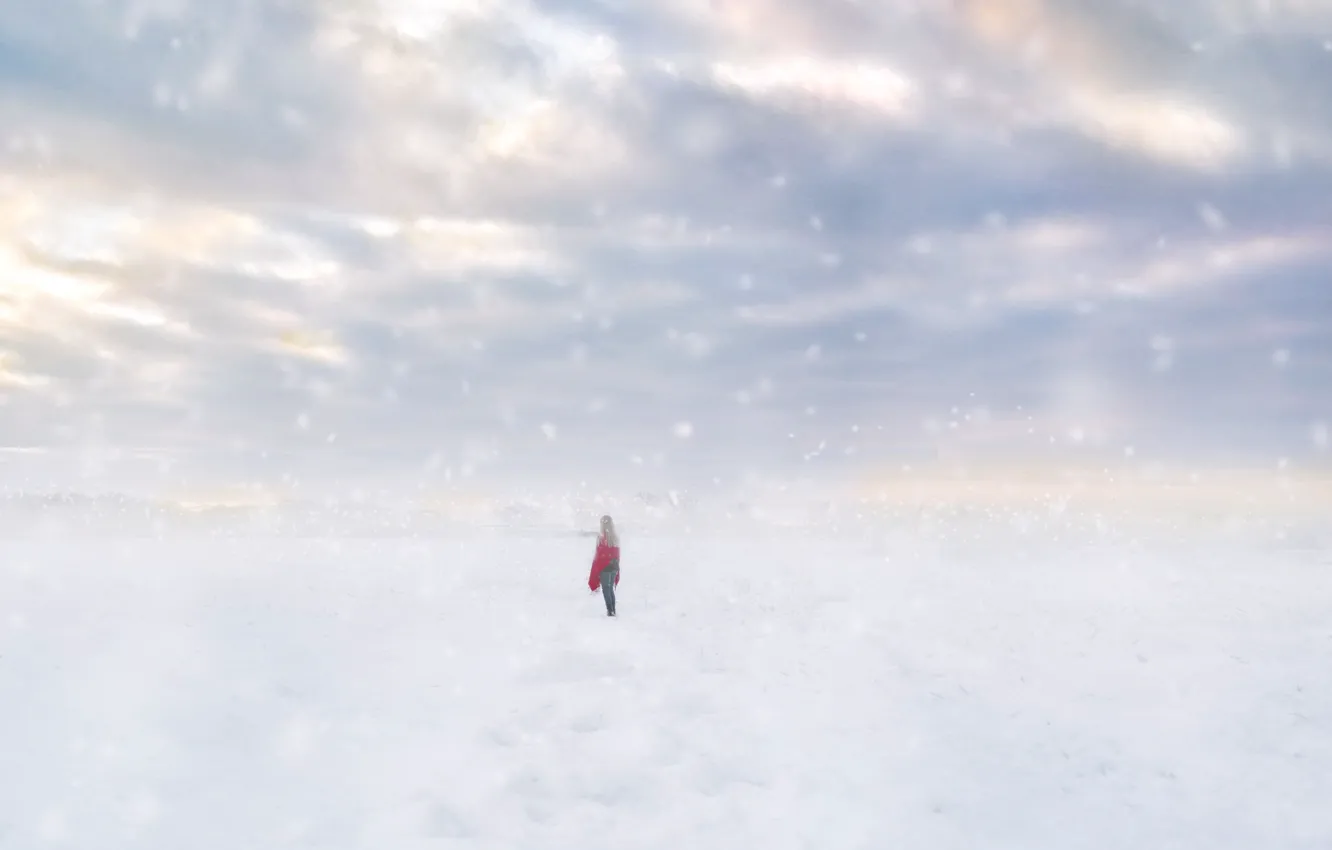 Photo wallpaper field, girl, snow