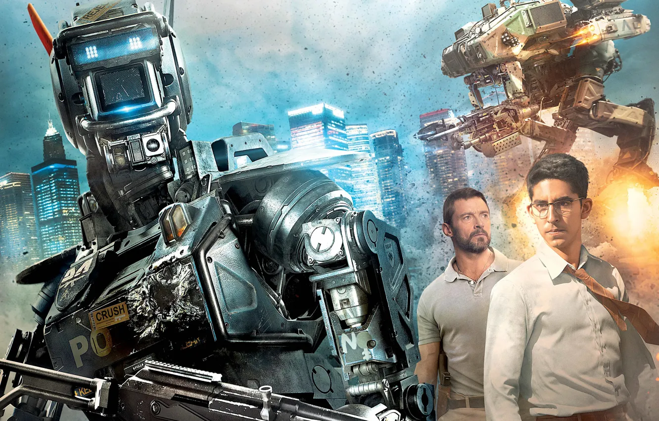 Photo wallpaper weapons, robot, shooting, poster, Hugh Jackman, Hugh Jackman, Chappie, The robot named Chappy