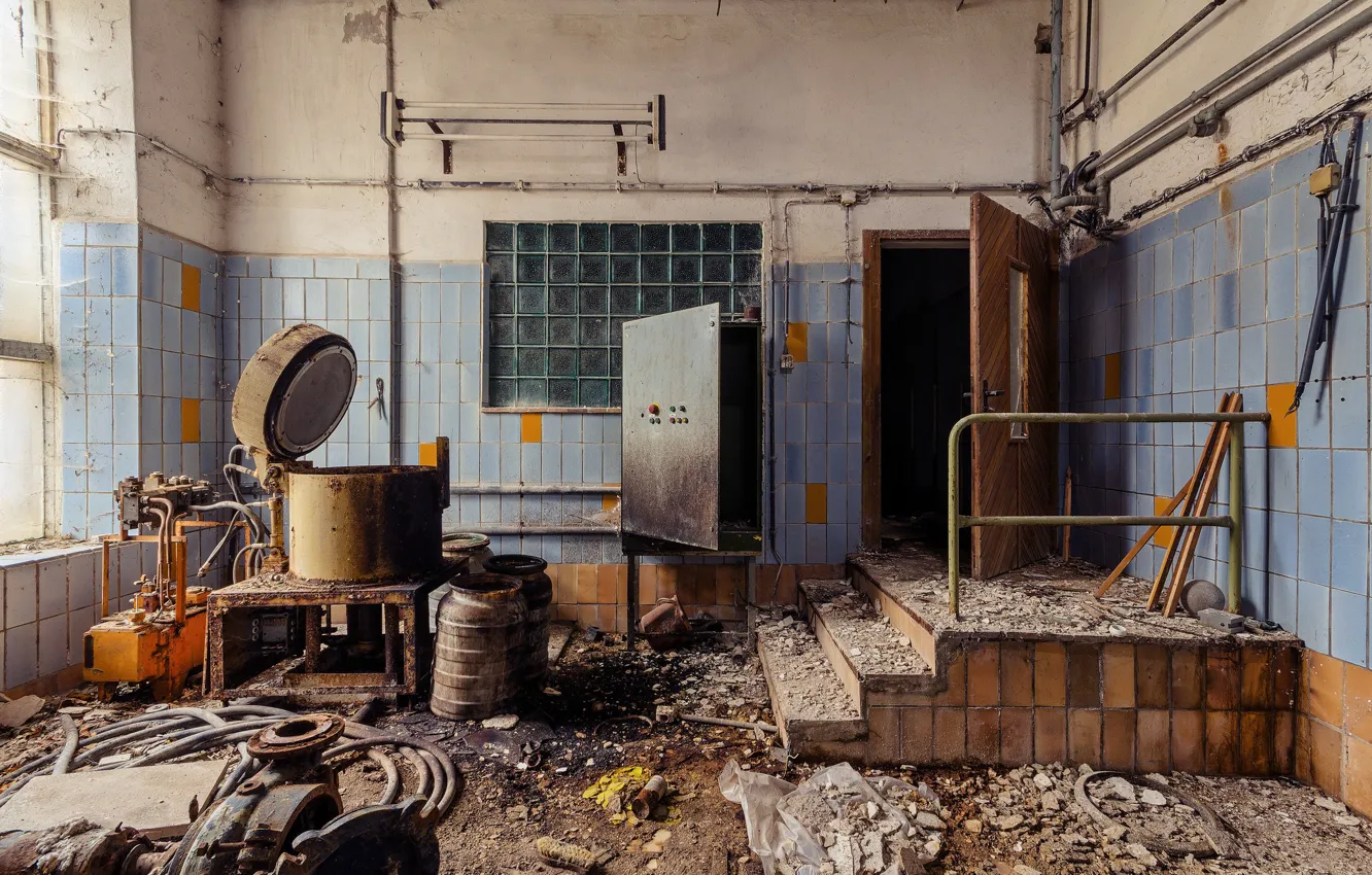 Photo wallpaper window, room, sunlight, abandoned, door, decay, mess, Machines