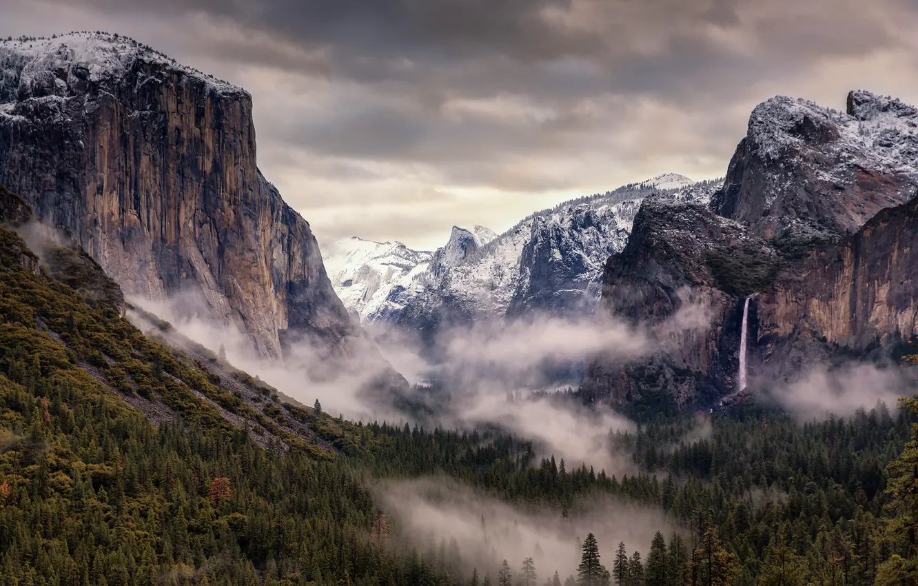 Photo wallpaper forest, the sky, clouds, mountains, CA, USA, Yosemite national Park