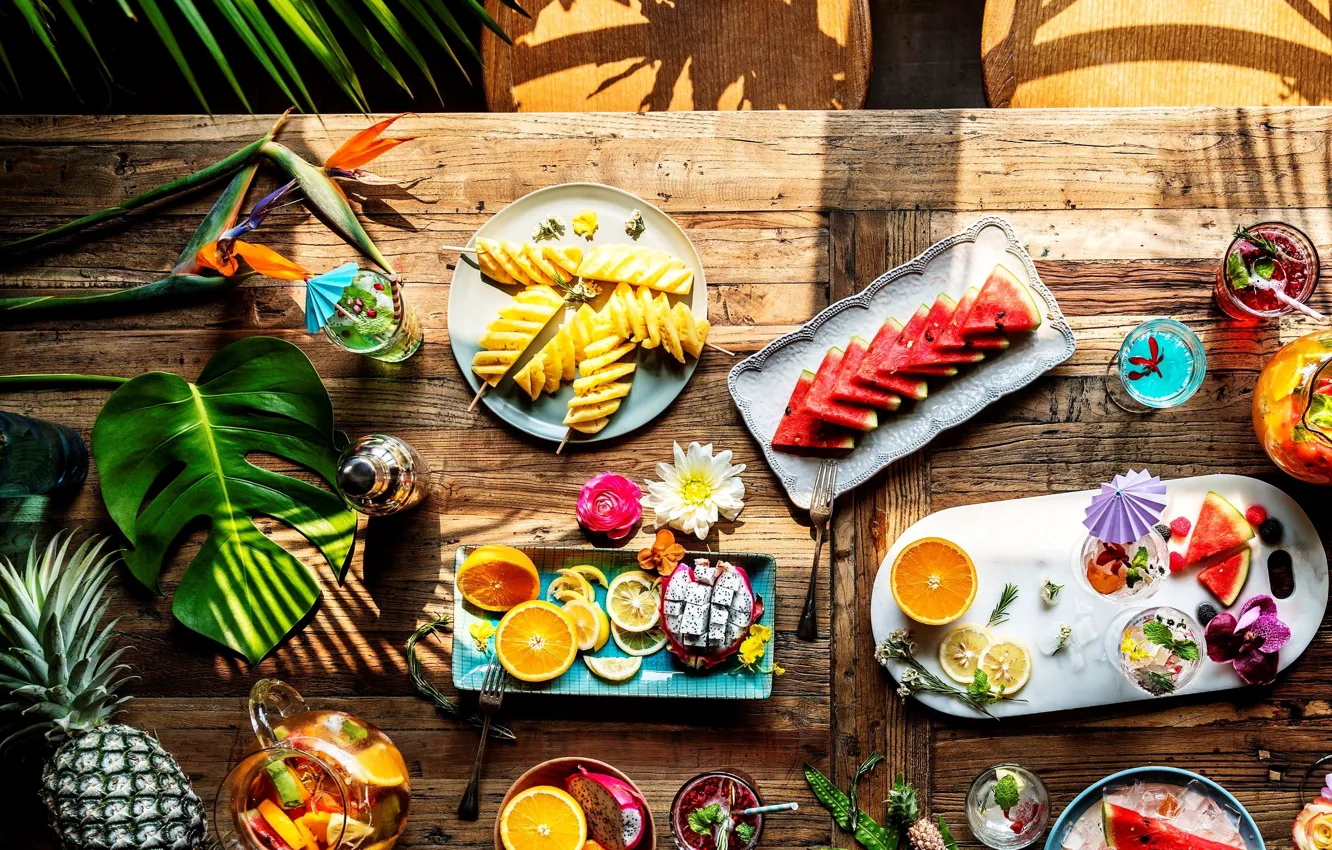 Photo wallpaper table, fruit, drinks