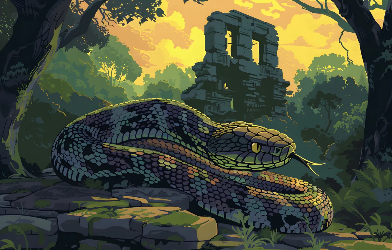 Photo wallpaper language, trees, animal, snake, jungle, art, the ruins, reptile