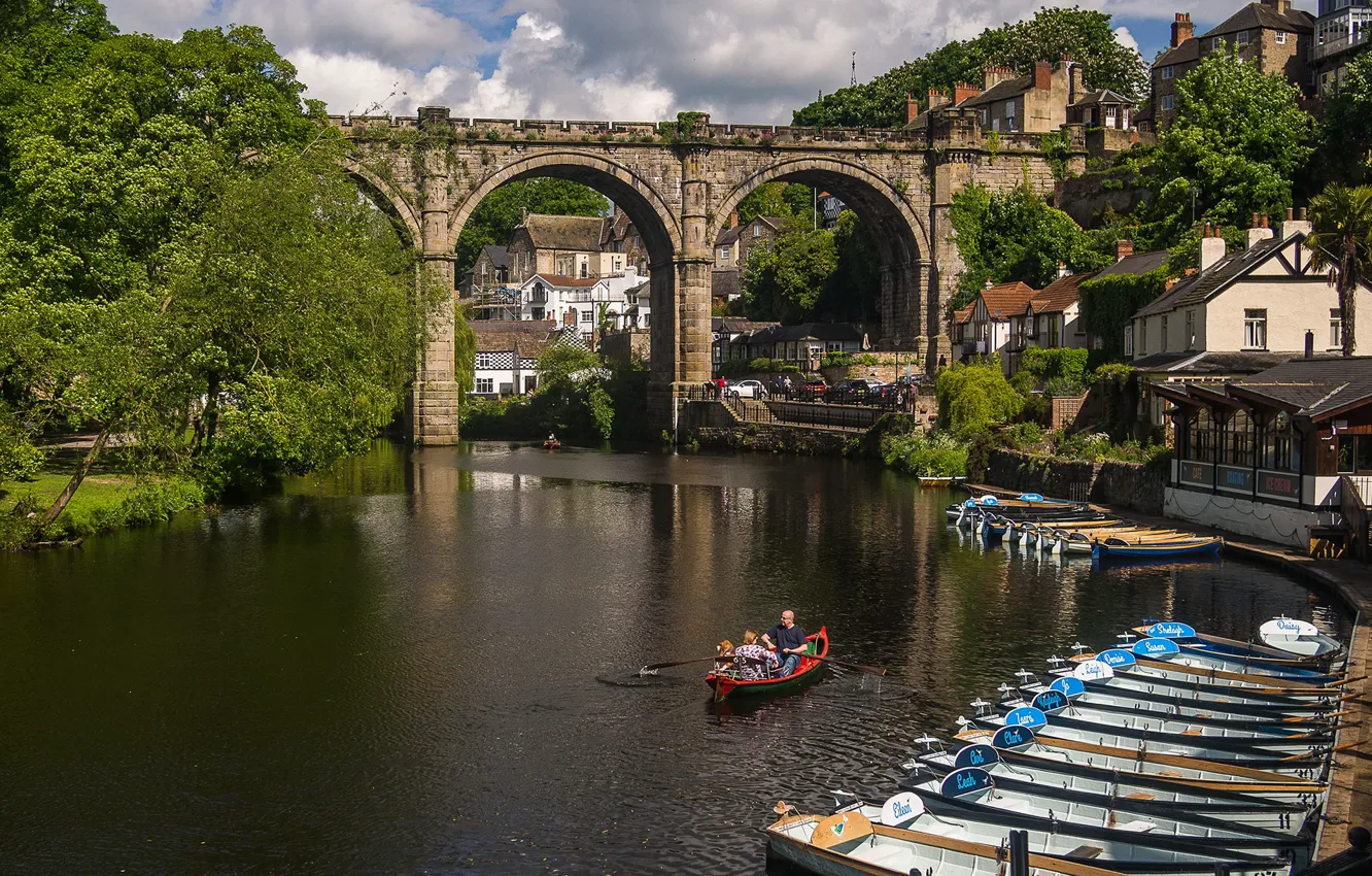 Photo wallpaper greens, the sun, clouds, trees, bridge, river, boat, England