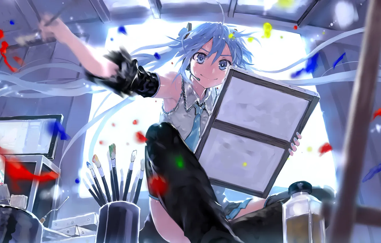 Photo wallpaper girl, smile, anime, headphones, art, microphone, vocaloid, hatsune miku