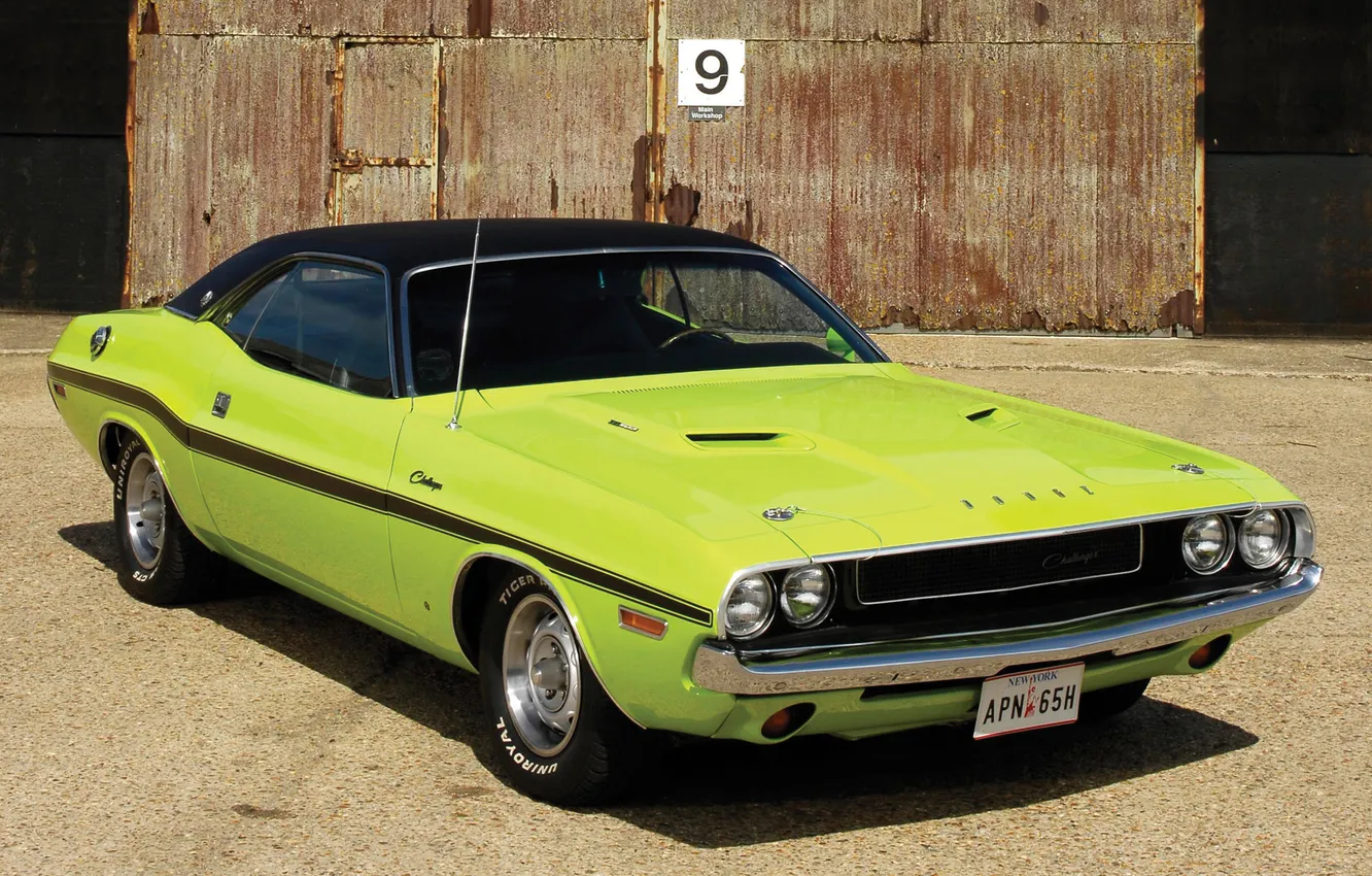 Photo wallpaper machine, green, Dodge, Challenger, classic, the front, R/T