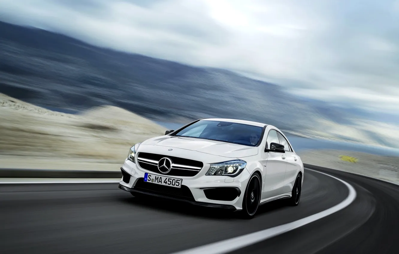 Photo wallpaper road, machine, white, lights, logo, sedan, Mercedes Benz, Mercedes