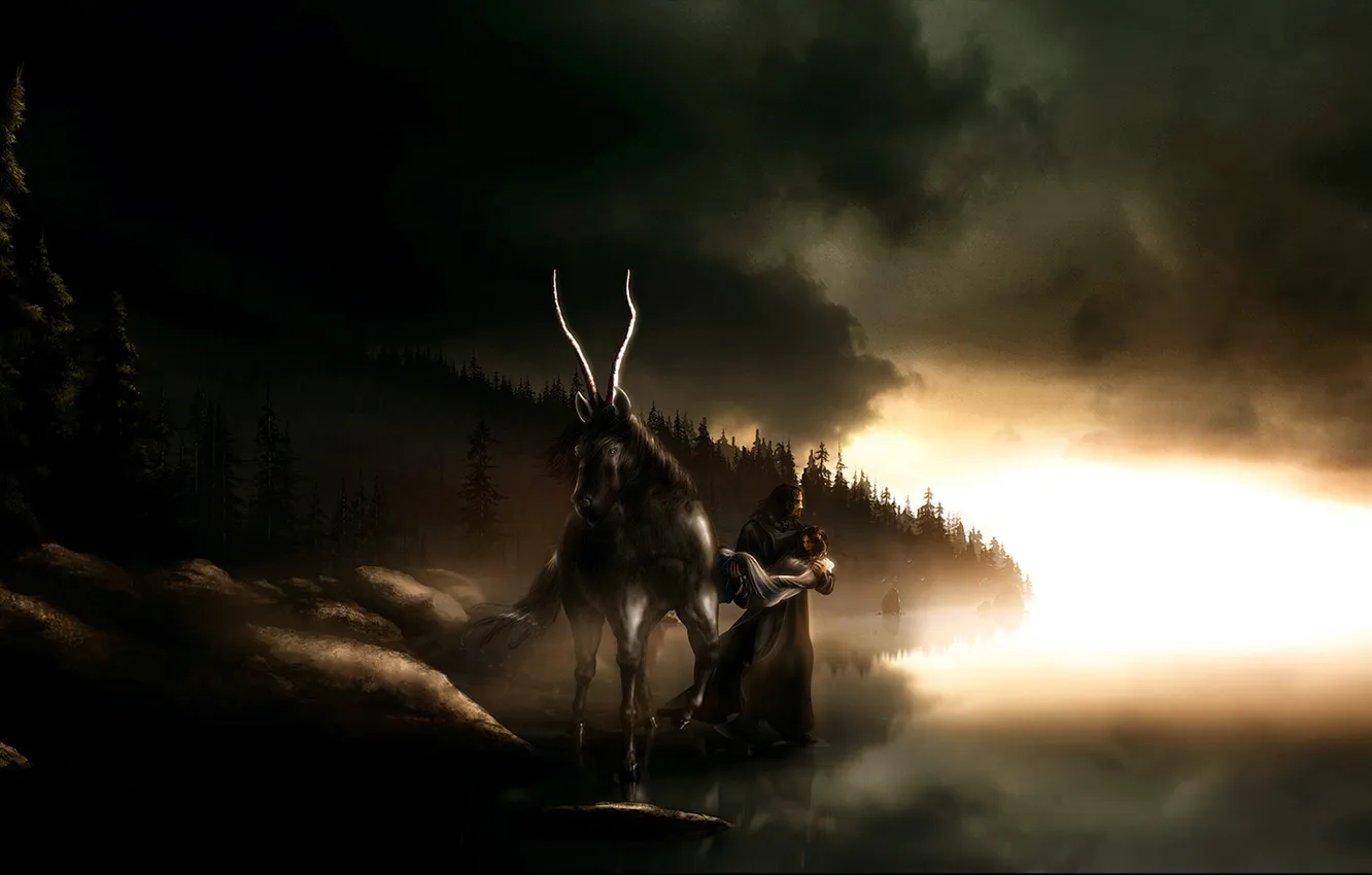 Photo wallpaper girl, clouds, horse, the darkness, man, horns