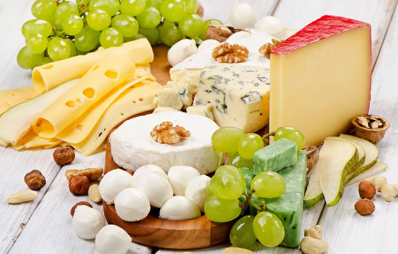 Photo wallpaper cheese, grapes, nuts, nuts, grapes, cheese
