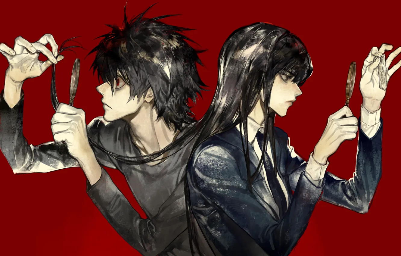 Photo wallpaper girl, guy, magnifier, Beyond Birthday, Naomi Misora, Death Note Another Note
