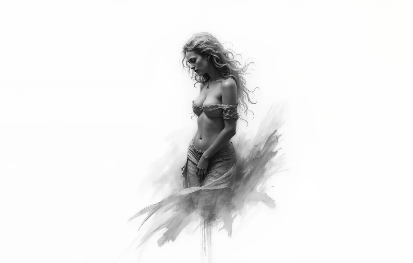 Photo wallpaper girl, white background, black and white
