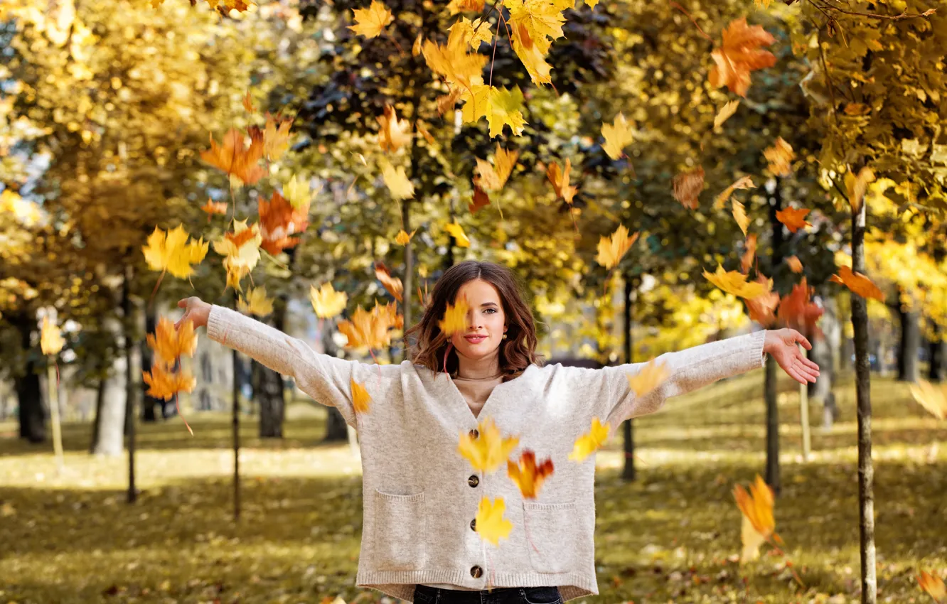 Photo wallpaper autumn, leaves, girl, Park, background, model, yellow