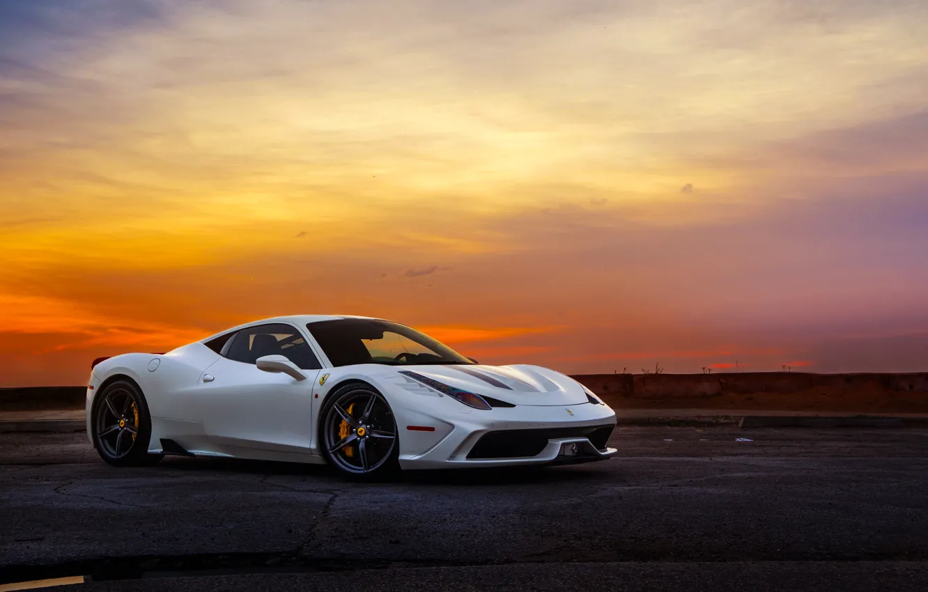 Photo wallpaper Ferrari, Sky, 458, Sunset, White, Italia, Supercar, Speciale