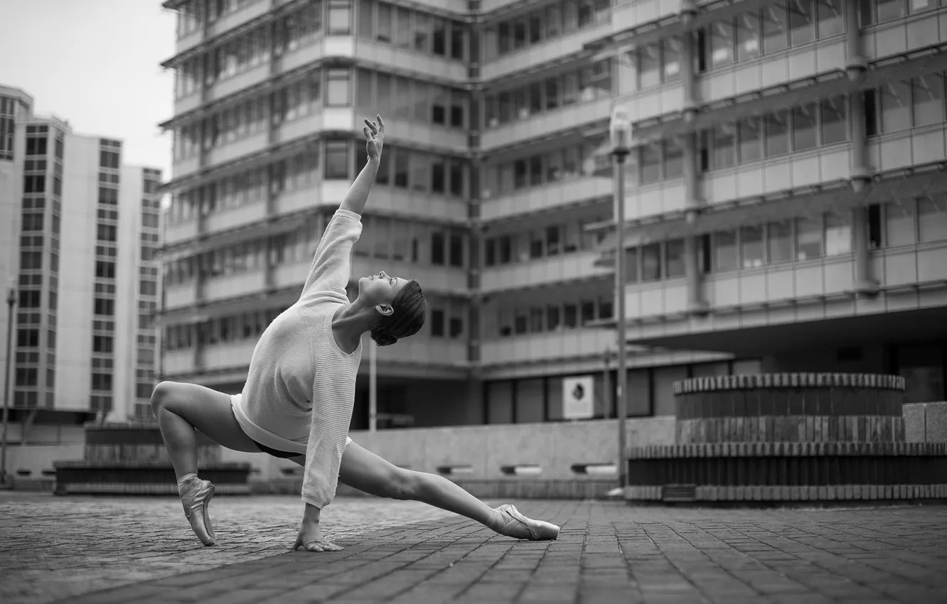 Photo wallpaper girl, woman, model, street, bokeh, black and white, female, ballet