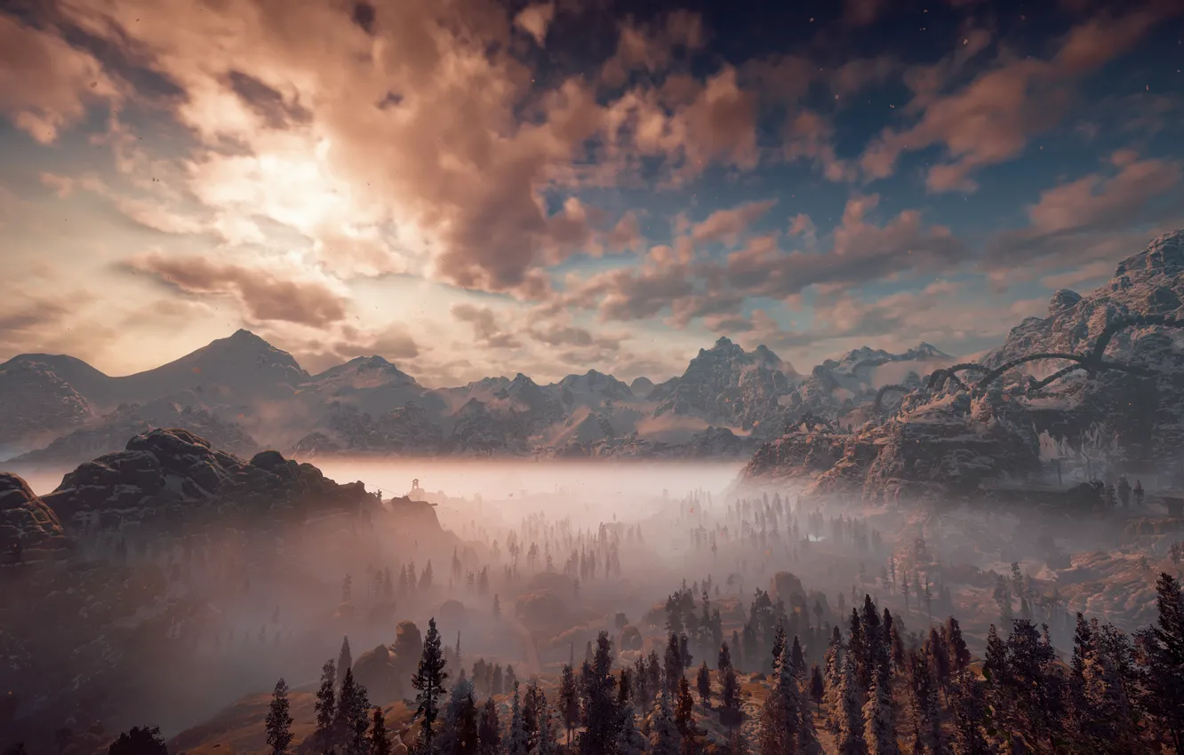 Photo wallpaper morning, mountains, fog, Horizon Zero Dawn, the sky, landscape