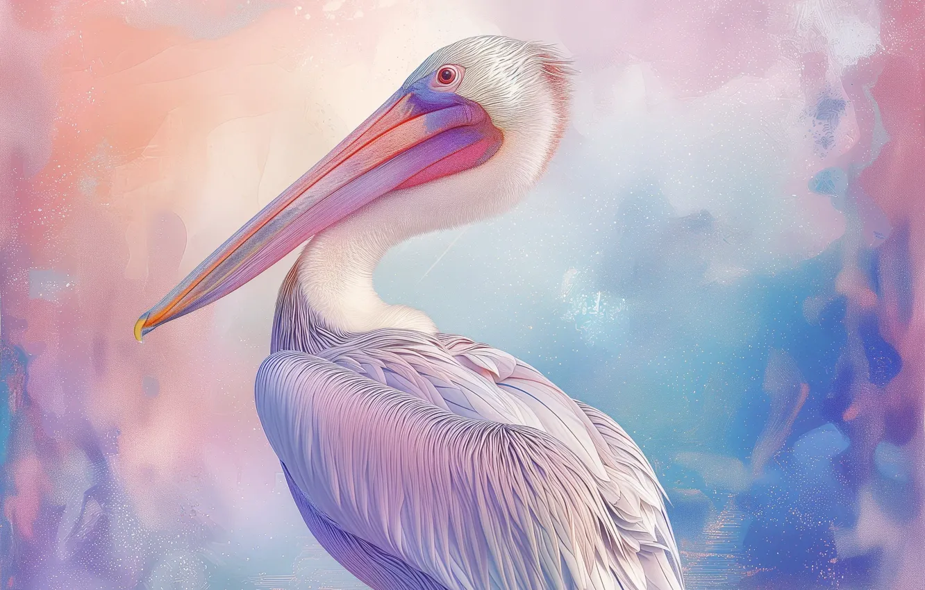 Photo wallpaper look, nature, pose, bird, painting, pink background, Pelican, imitation painting
