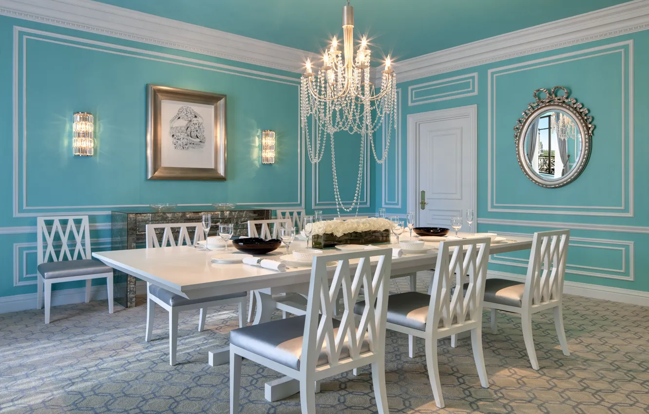 Photo wallpaper table, chairs, interior, mirror, chandelier, pictures, dining room
