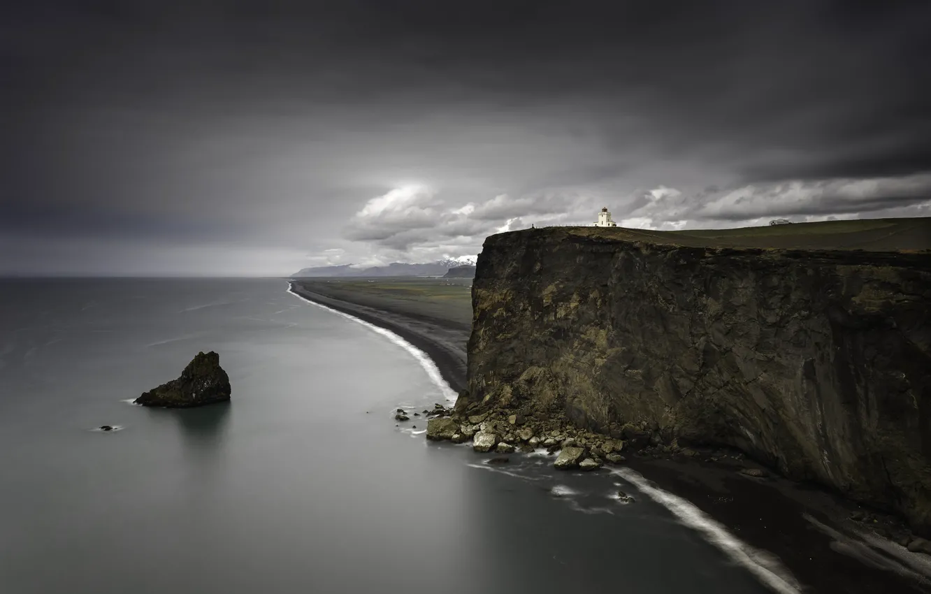 Photo wallpaper sea, beach, rocks, lighthouse, storm, rock, gray clouds